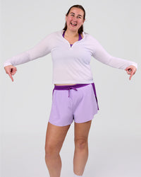 Woman wearing Accelerate 3" High-Rise Running Short - Chloe Purple | Model:Chloe | Size:3XL | Thumbnail Index: 1