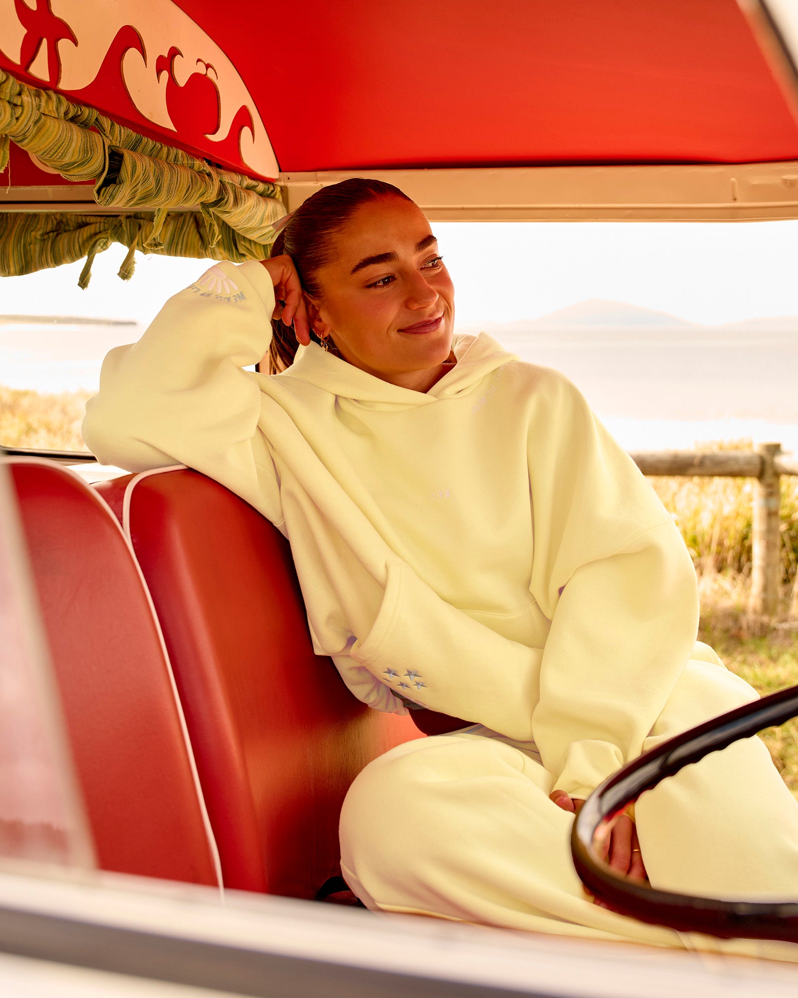 Woman wearing Zola Oversized Hoodie - Lemon | Model:Grace | Size:M