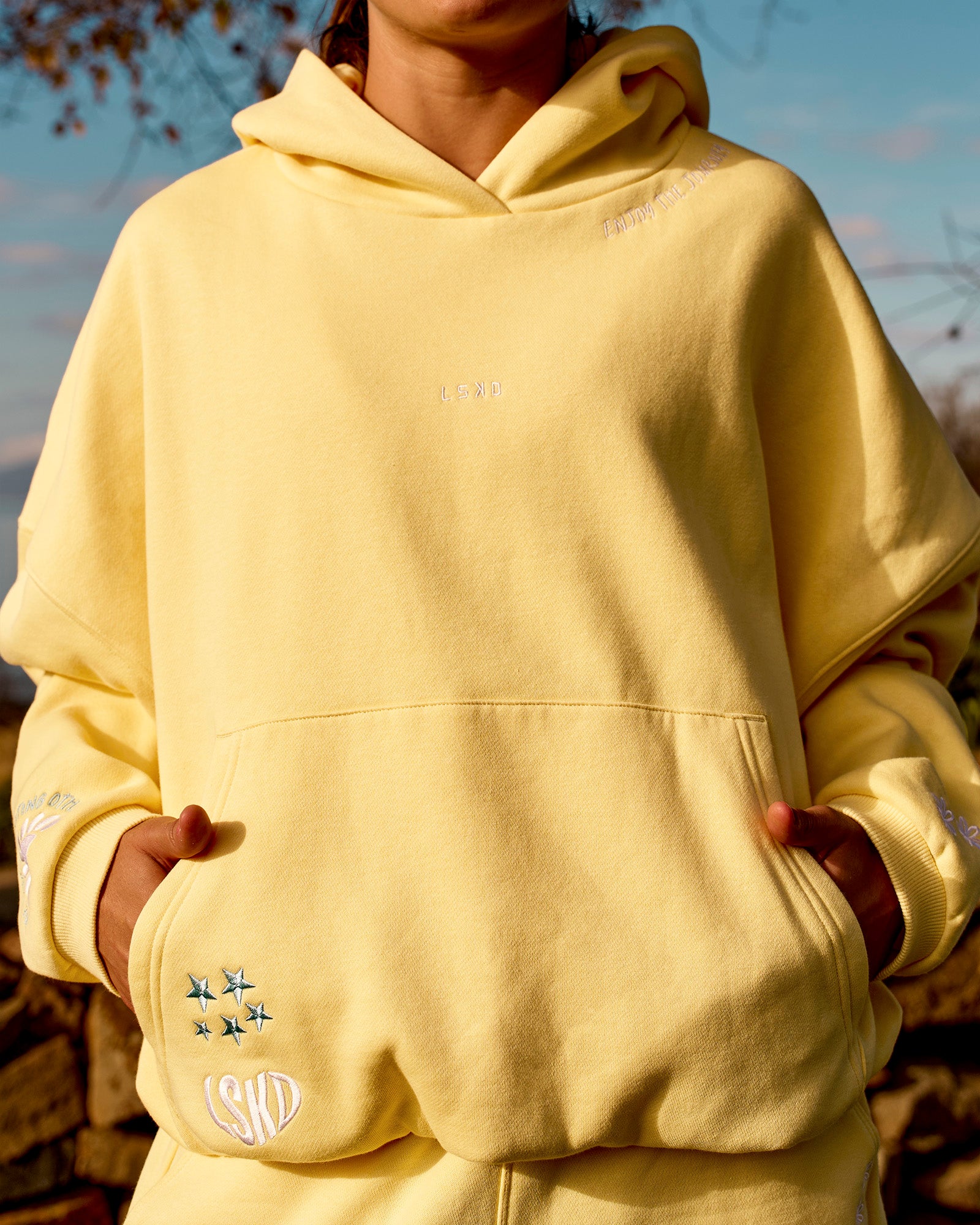Woman wearing Zola Oversized Hoodie - Lemon | Model:Grace | Size:M