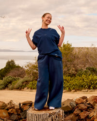 Woman wearing GG Heavyweight Oversized Tee - Future Navy | Model:Carole | Size:M