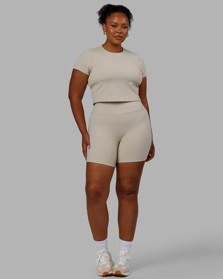 Woman wearing Creator Ribbed Tee - Shale Beige