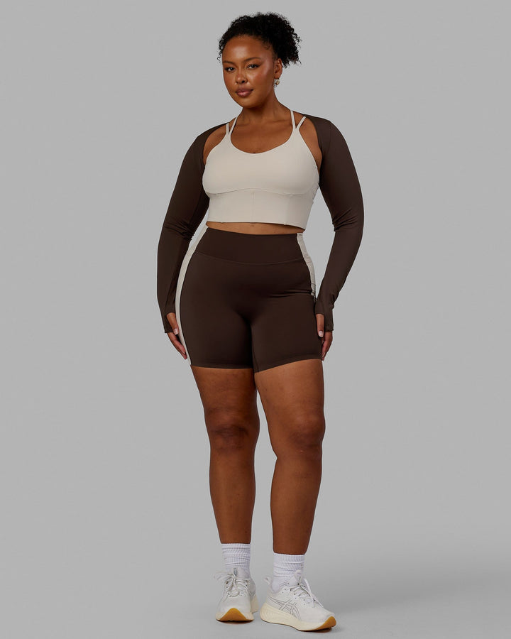 Woman wearing Energy LS Bolero - Dark Chocolate