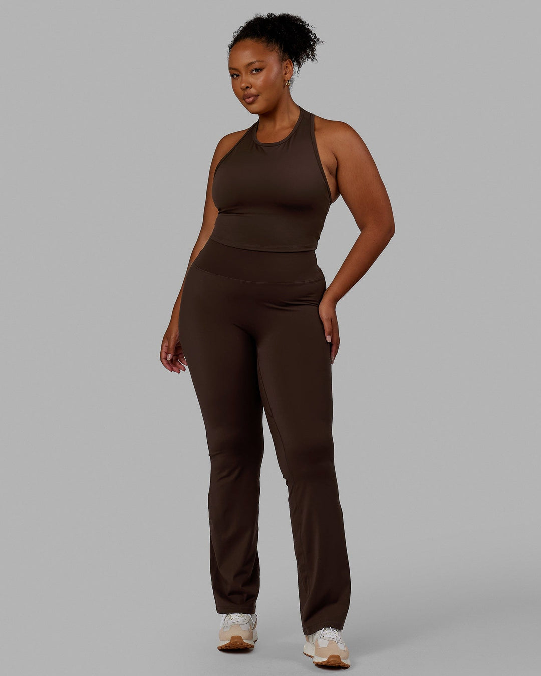 Woman wearing LHFM Tank - Dark Chocolate