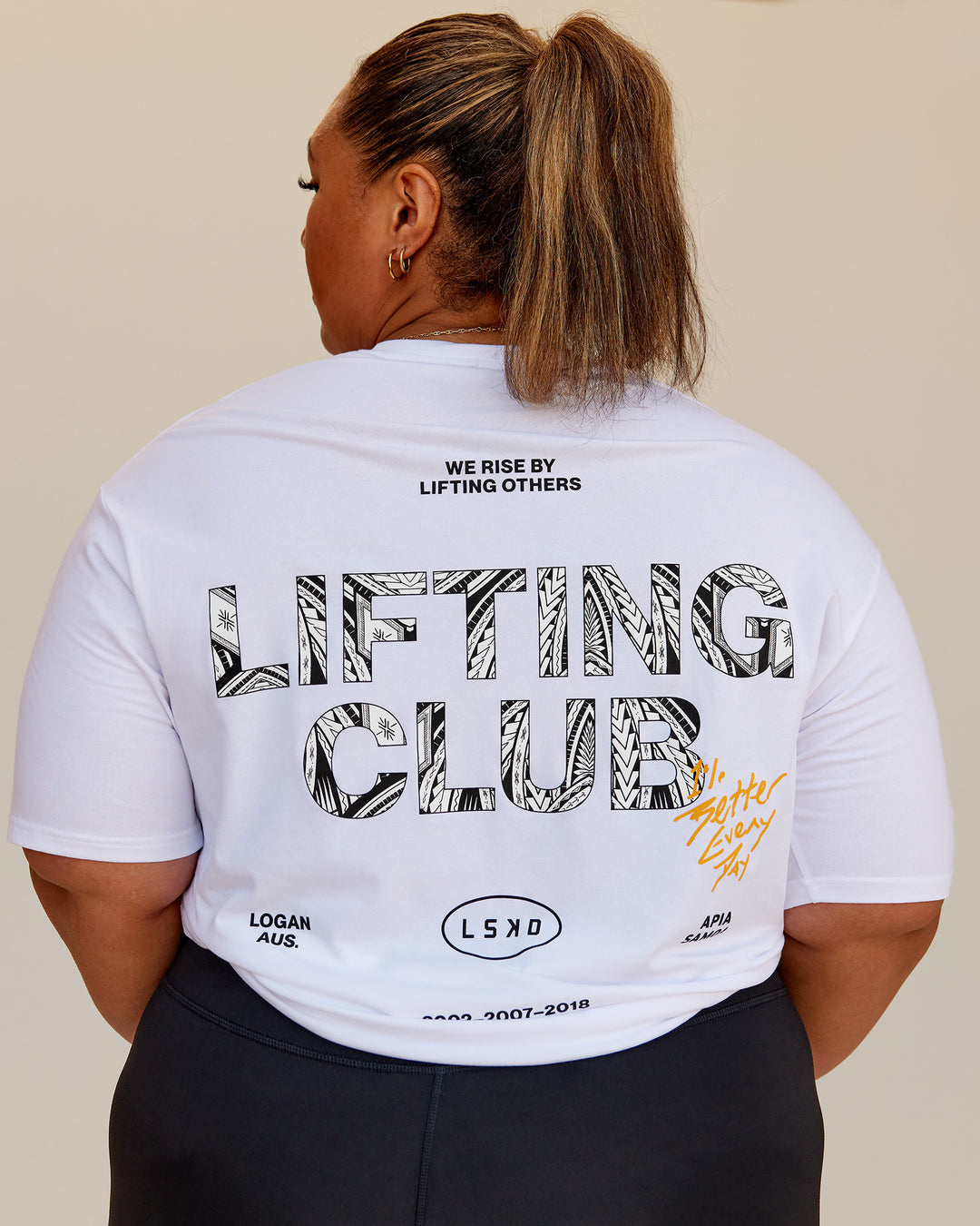 Woman wearing Lilz Lifting Club FLXCotton Oversized Tee - White | Model:Lilz | Size:3XL