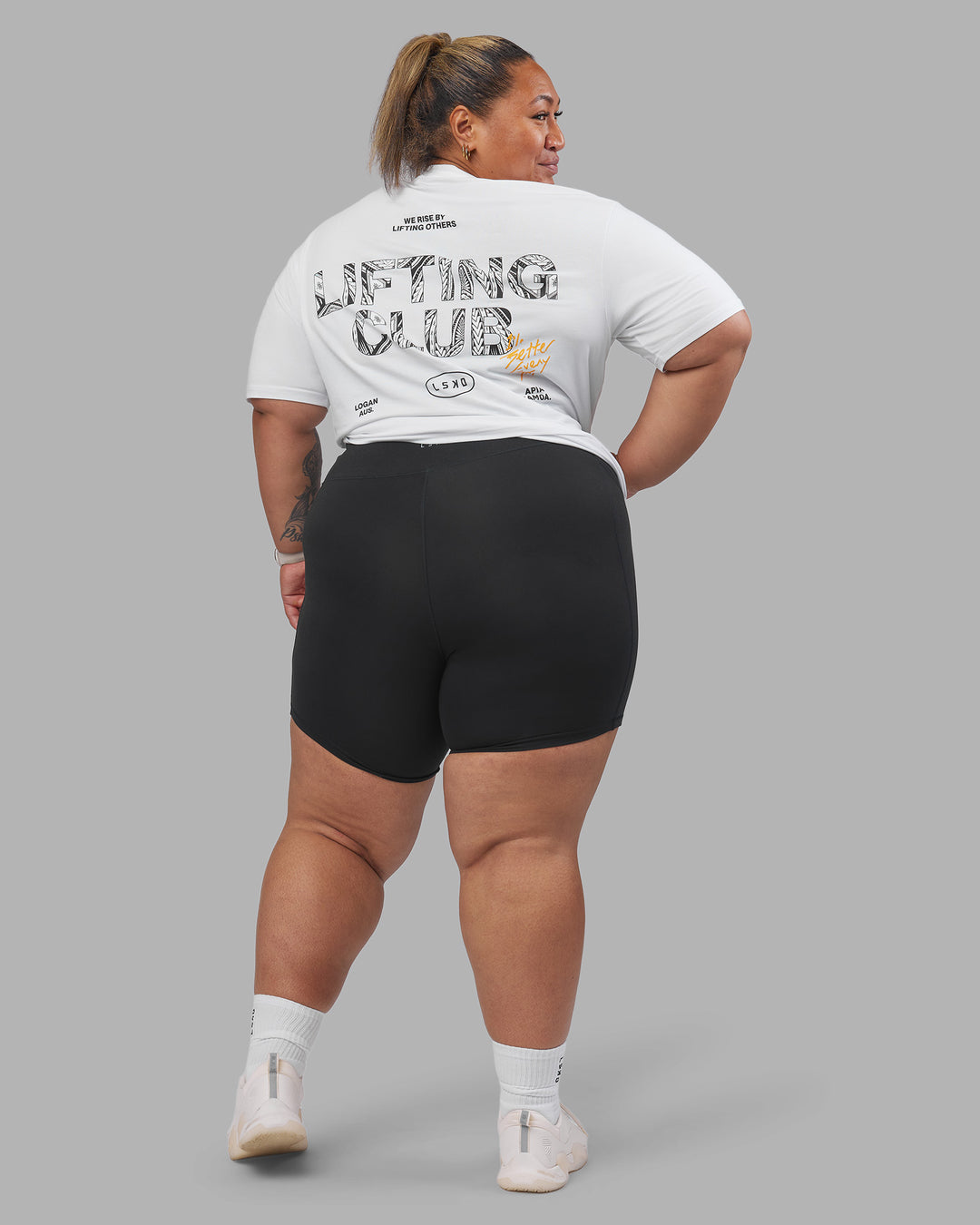 Woman wearing Lilz Lifting Club FLXCotton Oversized Tee - White | Model:Lilz | Size:3XL