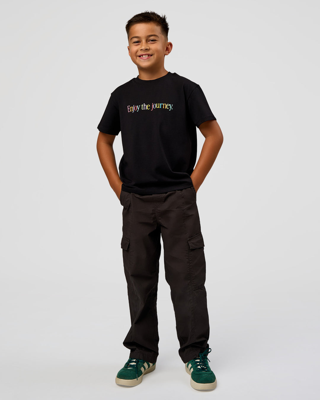 Kid wearing Kid wearing Kids Enjoy the Journey FLXCotton Tee - Bubblegum | Model:Jax | Size:8