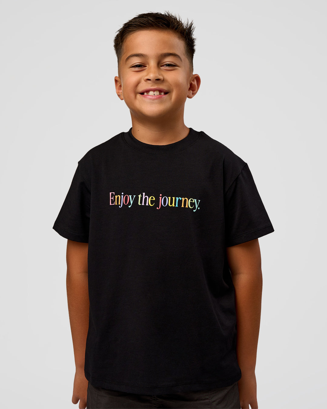 Kid wearing Kid wearing Kids Enjoy the Journey FLXCotton Tee - Bubblegum | Model:Jax | Size:8