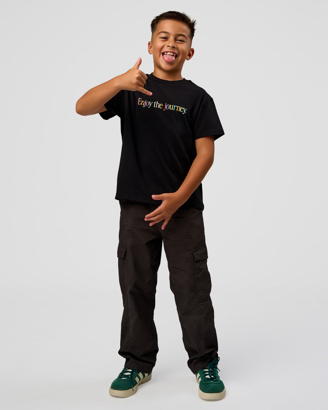 Kid wearing Kid wearing Kids Enjoy the Journey FLXCotton Tee - Bubblegum | Model:Jax | Size:8