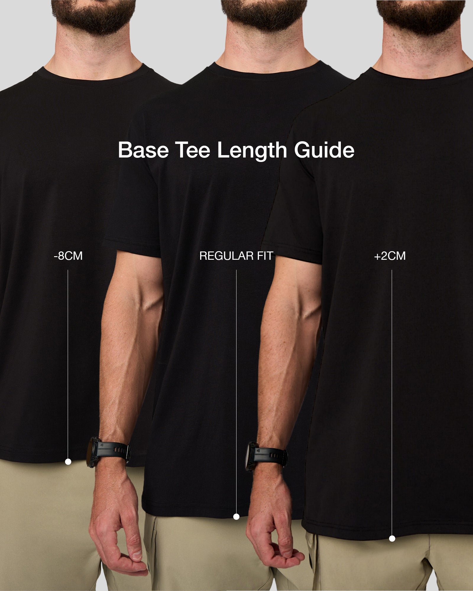 Man wearing Base Tee Length Comparison
