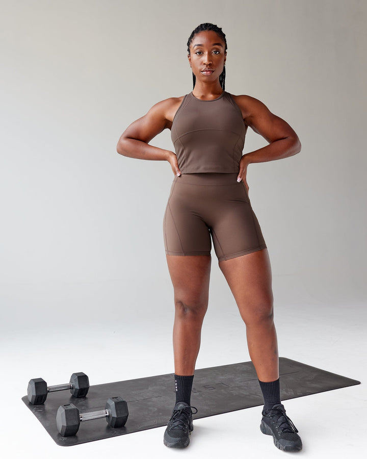 Woman wearing Bend Mid Short Tight - Peppercorn