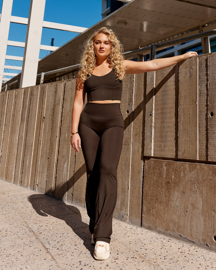 Woman wearing Empower Corset Bra - Dark Chocolate