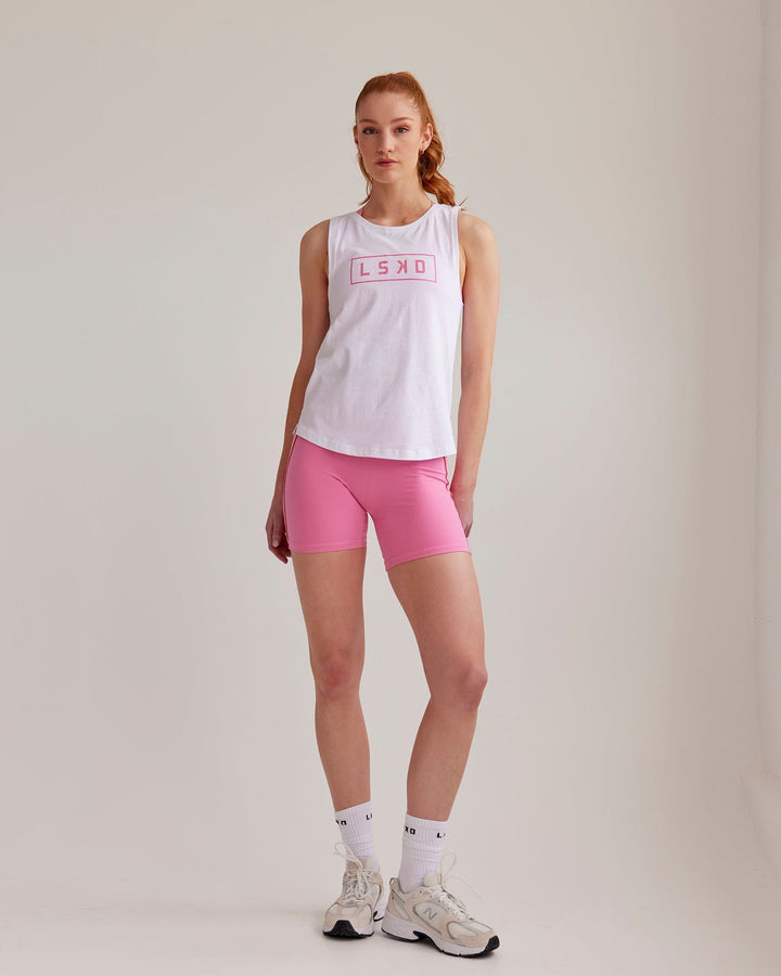 Woman wearing Luna Tank - White-Pink Rose