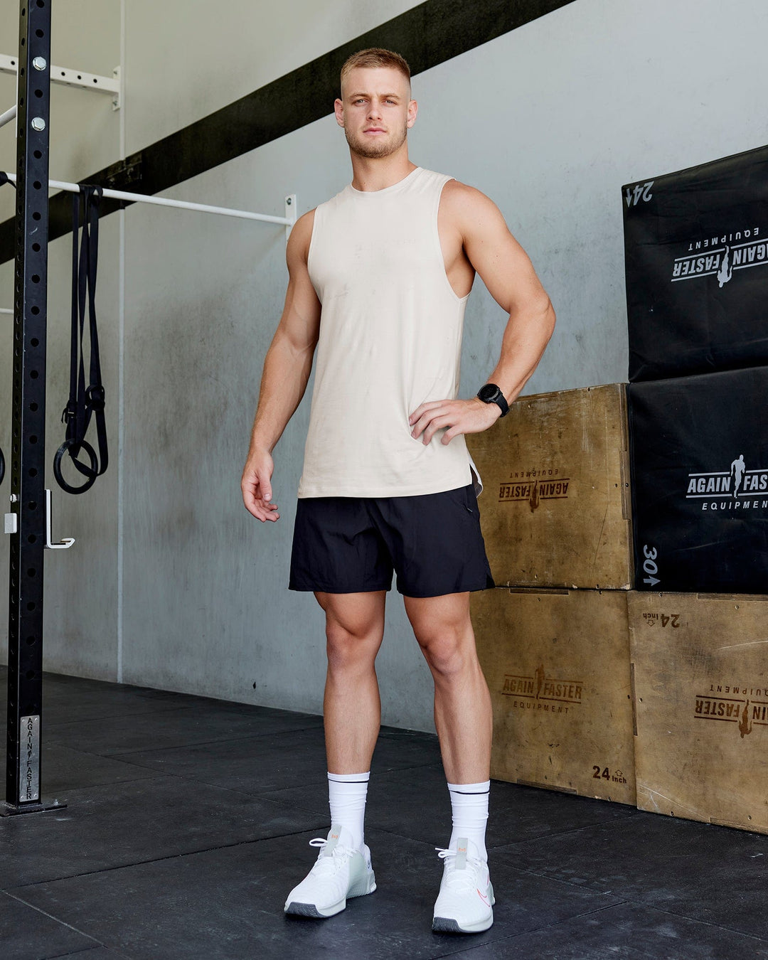 Man wearing Deluxe PimaFLX Tank - Shale Beige