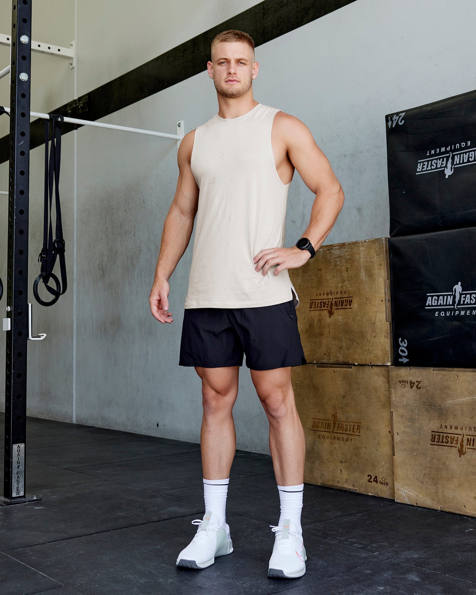 Man wearing Deluxe PimaFLX Tank - Shale Beige