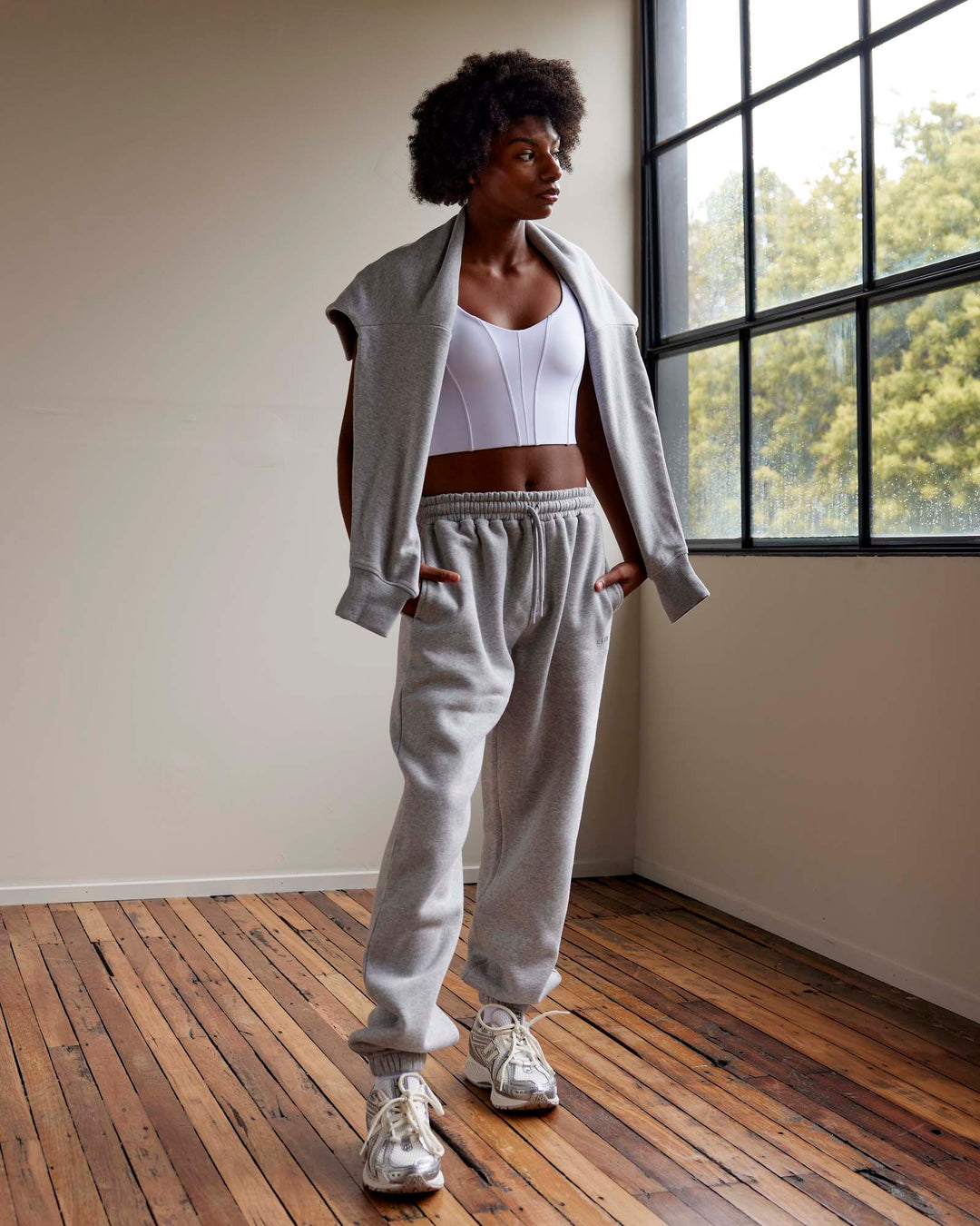Woman wearing MVP Track Pants - Light Grey Marl