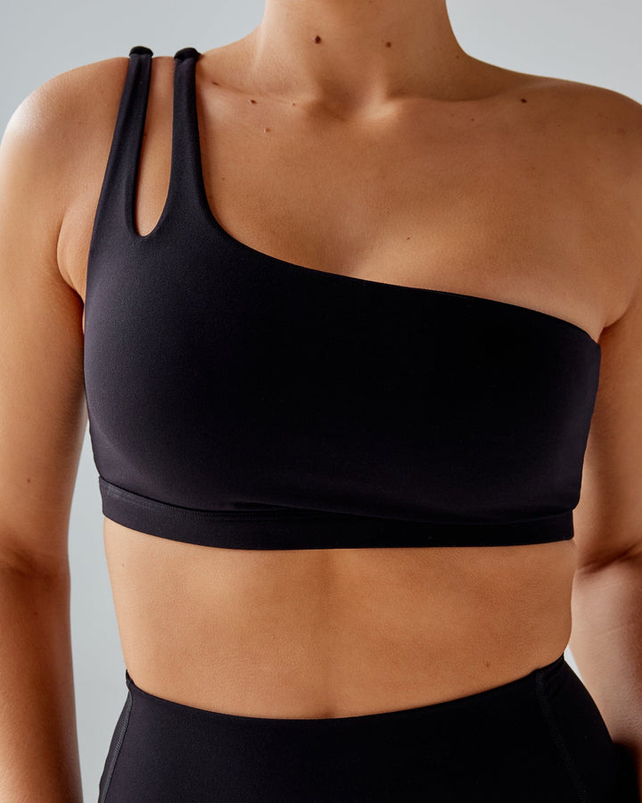 Woman wearing Set Up Sports Bra - Black