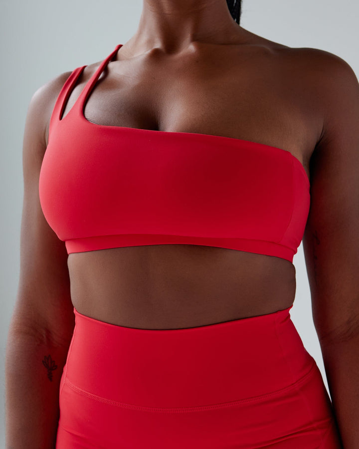 Woman wearing Set Up Sports Bra - Scarlet