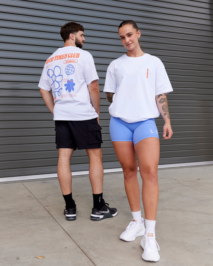 Duo wearing Unisex Good Times Global Heavyweight Tee Oversize - White-Red-Purple