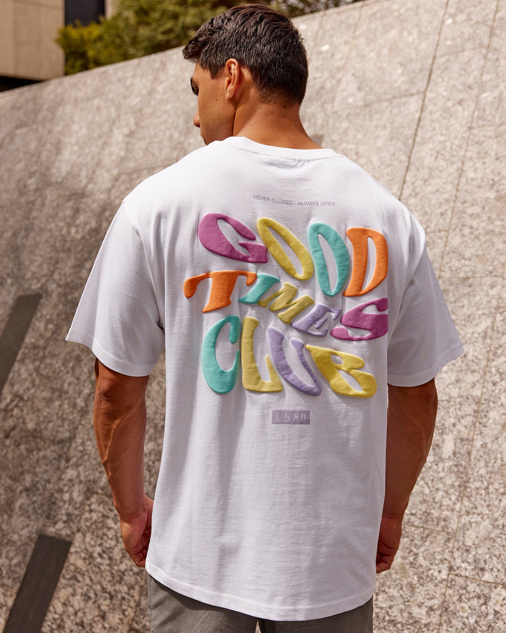 Man wearing Unisex Good Times Heavyweight Tee Oversize - White-Multi