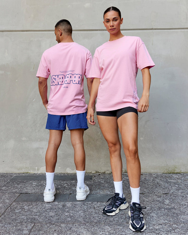 Duo wearing Unisex Washed Urban Heavyweight Tee Oversize - Pink Frosting-Galactic Blue