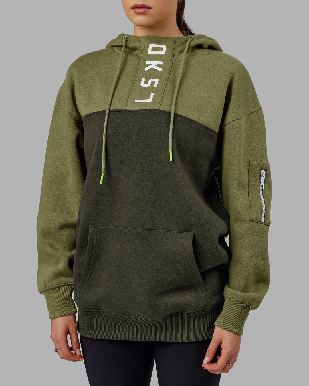 Woman wearing Unisex Contrary Hoodie Oversize - Forest Night-Moss Stone