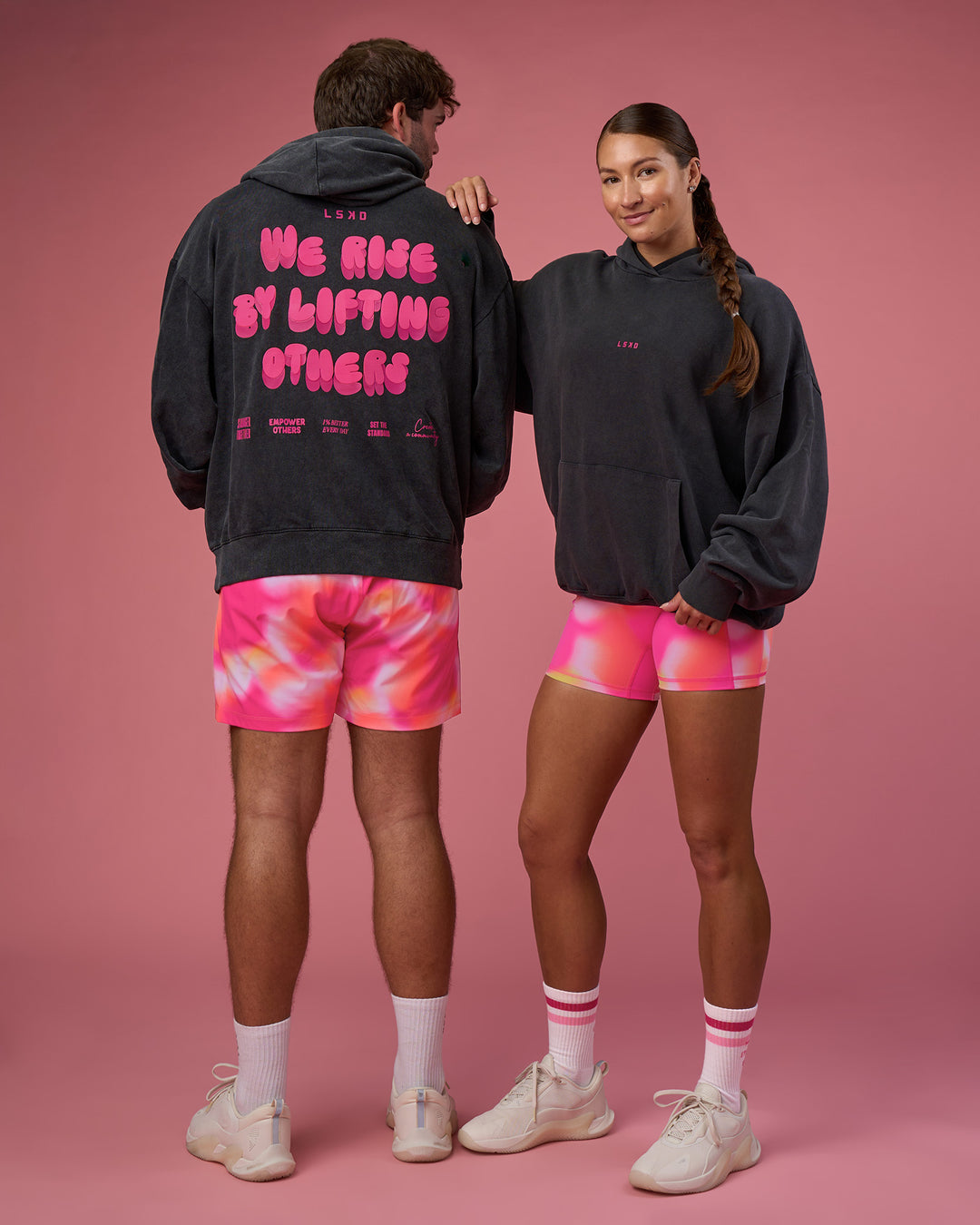 Duo wearing BCAM Washed Unisex Oversized Hoodie - Black Washed-Pink | Model:Both| Size:Duo