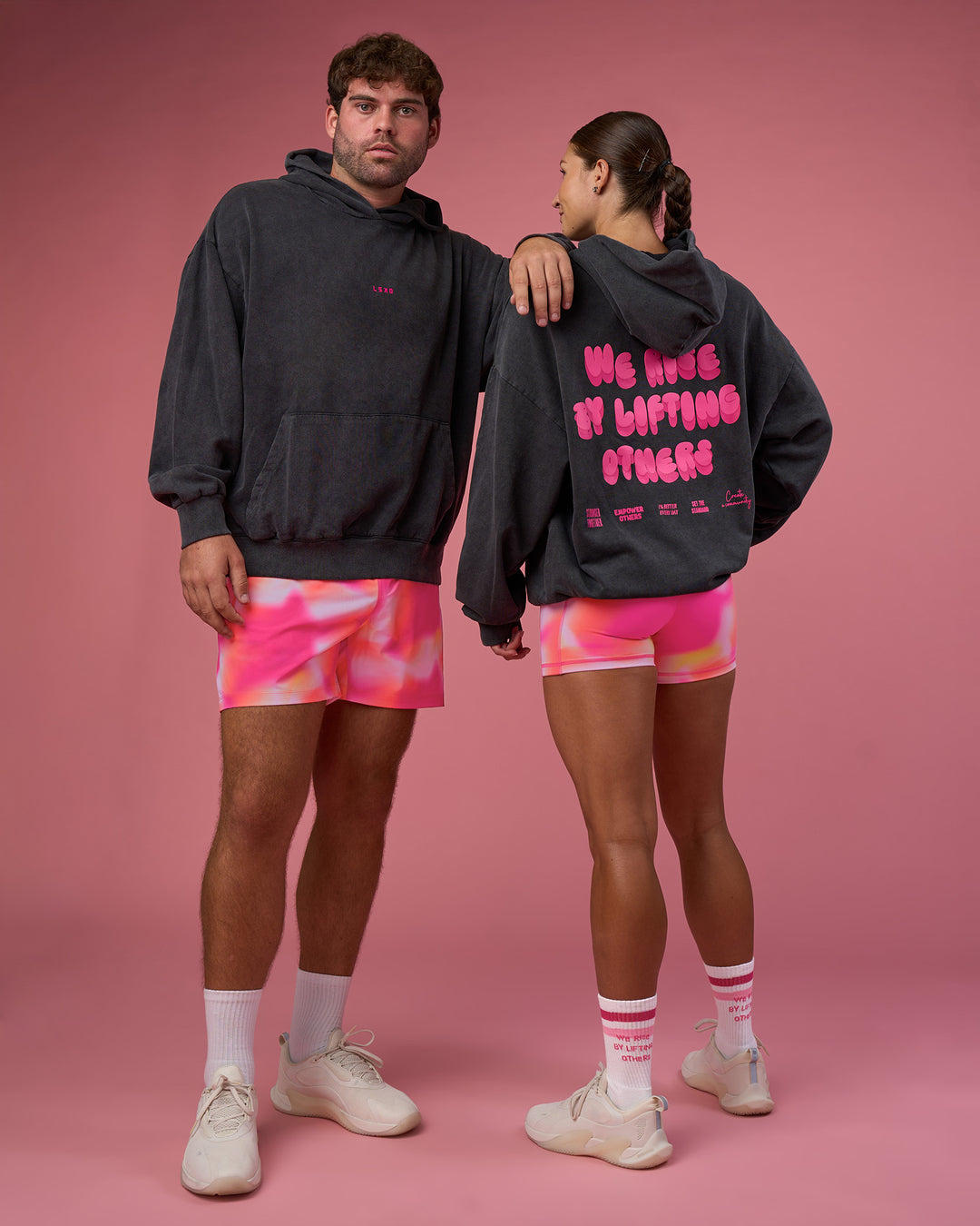 Duo wearing BCAM Washed Unisex Oversized Hoodie - Black Washed-Pink | Model:Both| Size:Duo