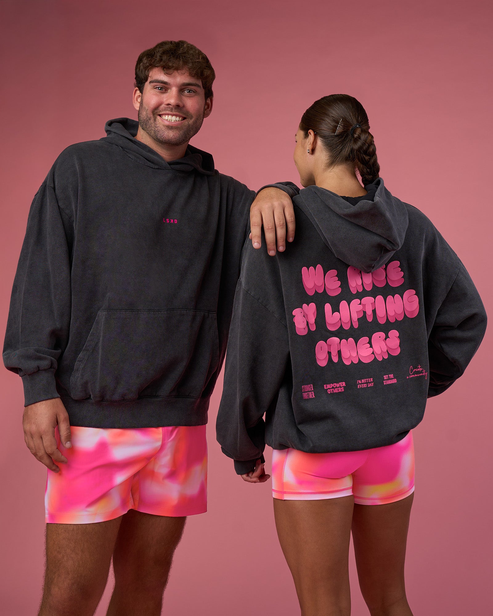 Duo wearing BCAM Washed Unisex Oversized Hoodie - Black Washed-Pink | Model:Both | Size:Duo