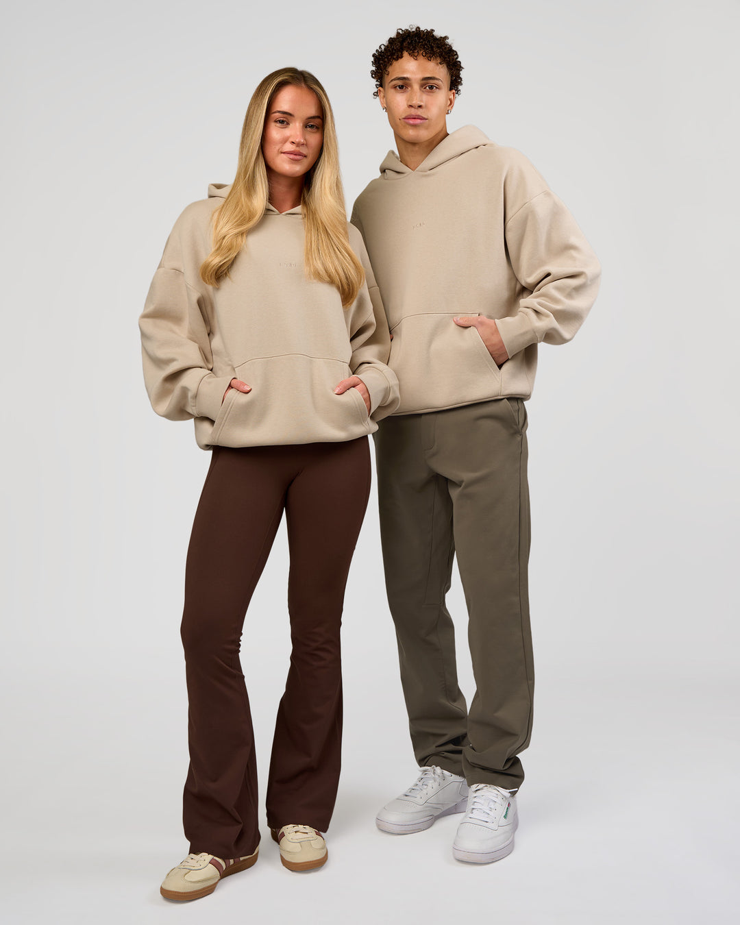 Duo wearing Base Oversized Hoodie - Shale Beige | Model:Leandro | Size:M | Model:Issy | Size: XS |
