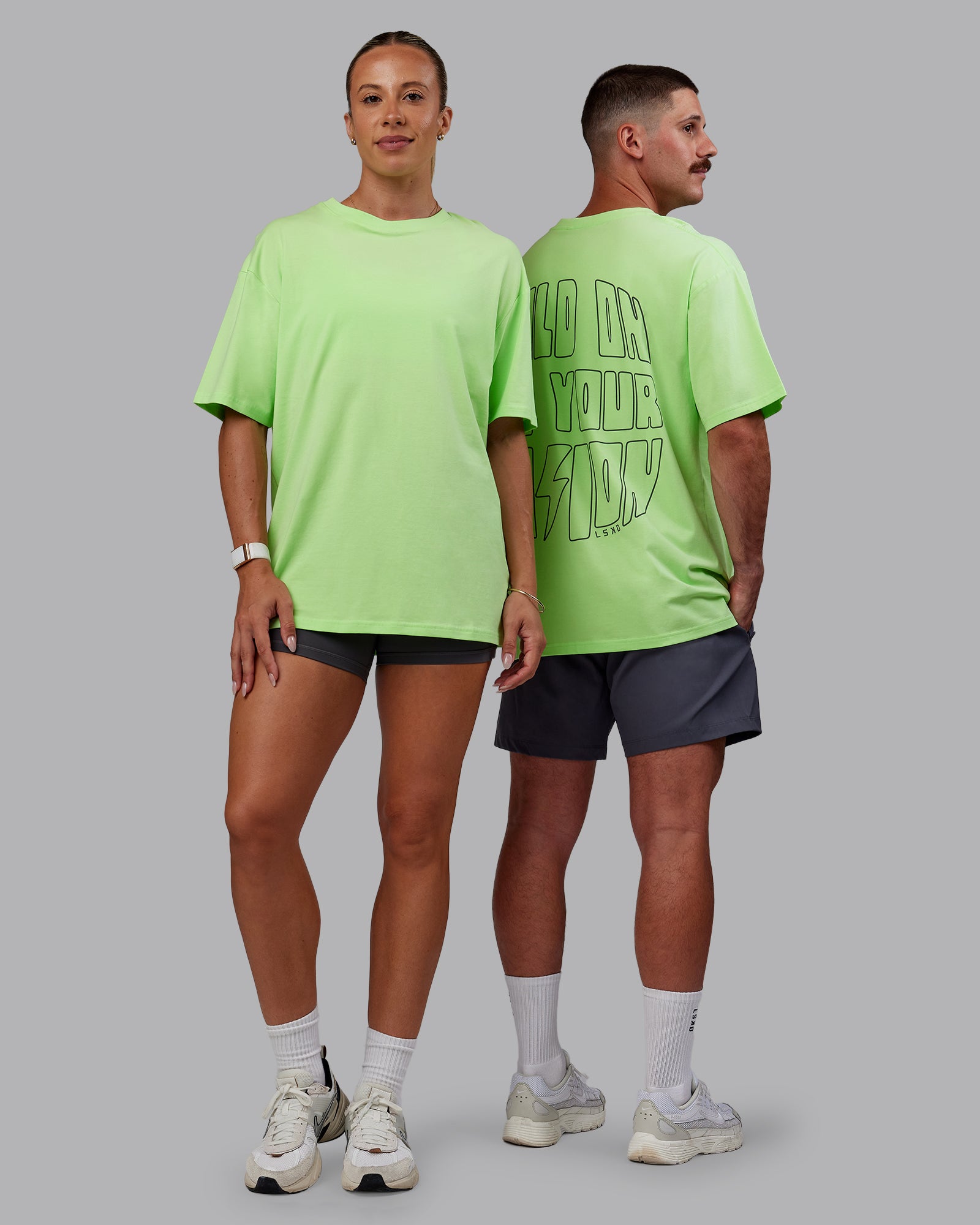 Duo wearing Bree Masters Unisex Vision FLXCotton Tee Oversize - Pastel Lime-Stormy