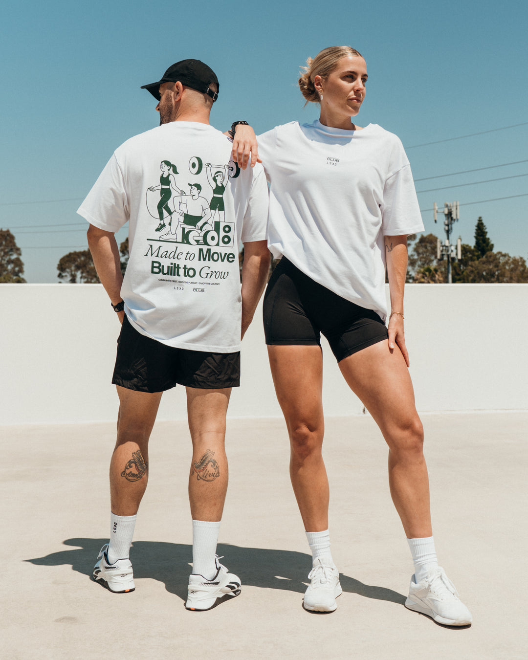 Duo wearing Grass Roots CFC FLXCotton Oversize Tee - White | Model:Both | Size:Duo