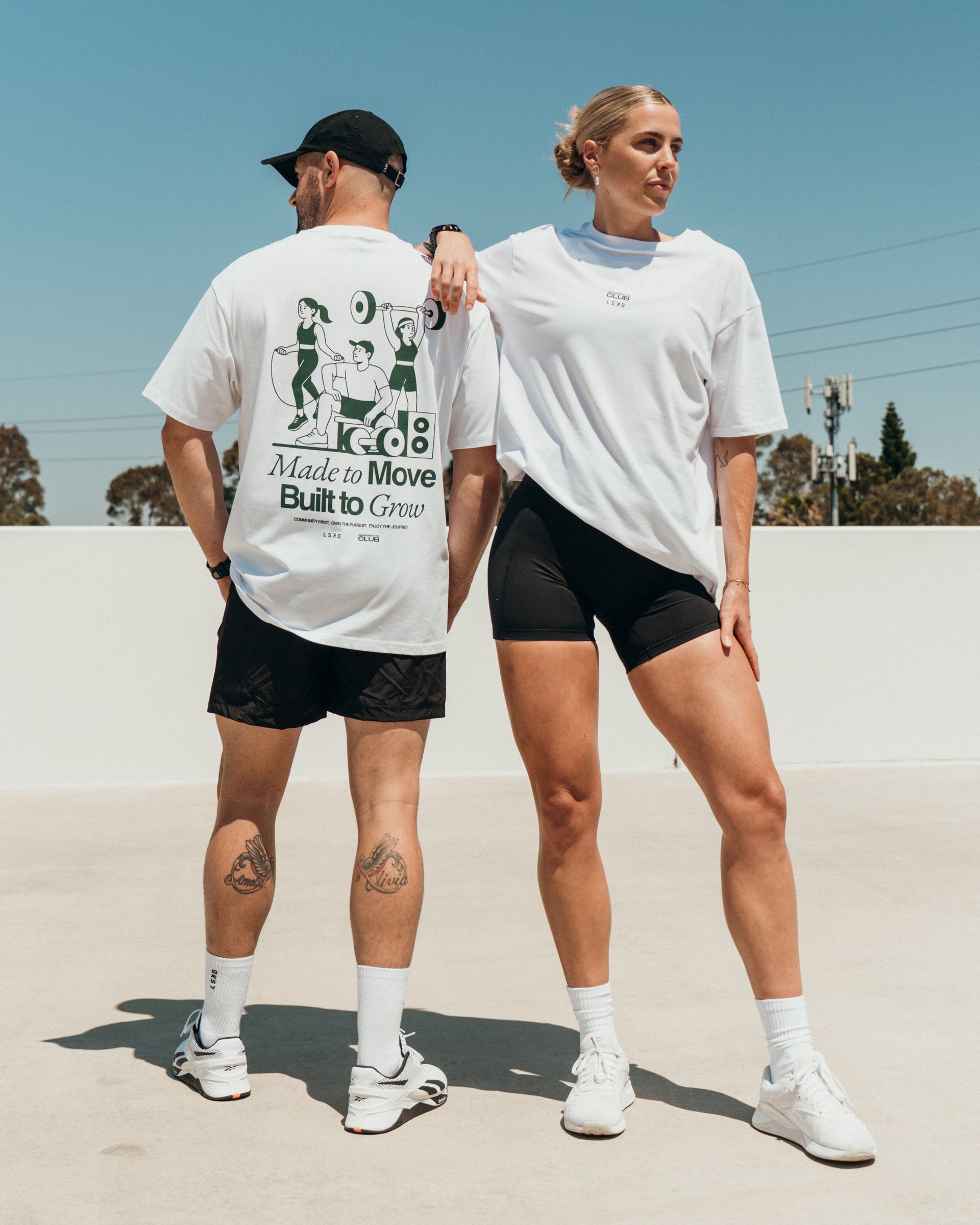 Duo wearing Grass Roots CFC FLXCotton Oversize Tee - White | Model:Both | Size:Duo