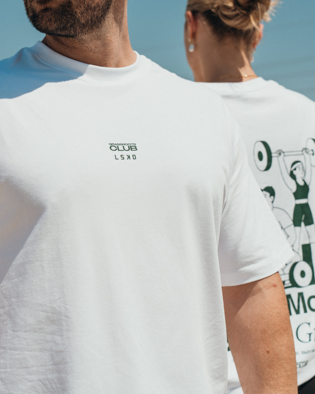 Duo wearing Grass Roots CFC FLXCotton Oversize Tee - White | Model:Both | Size:Duo