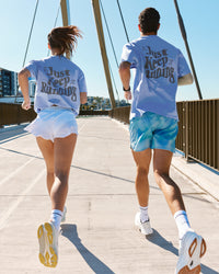 Duo wearing Just Run FLXCotton Oversized Tee - Soft Blue-Dark Storm | Model:Both | Size:Duo