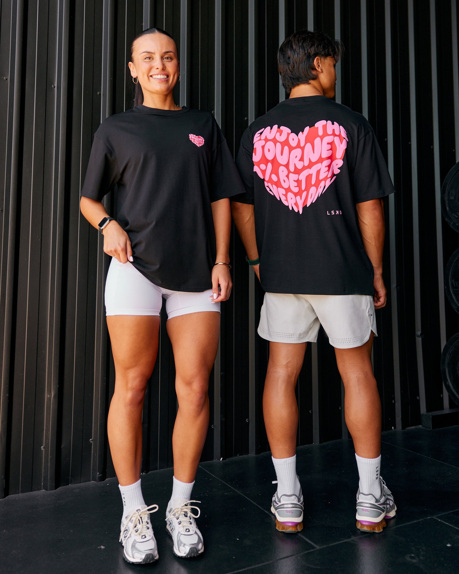 Duo wearing Love the Journey FLXCotton Oversized Tee - Black-Flame | Model:Both | Size:Duo