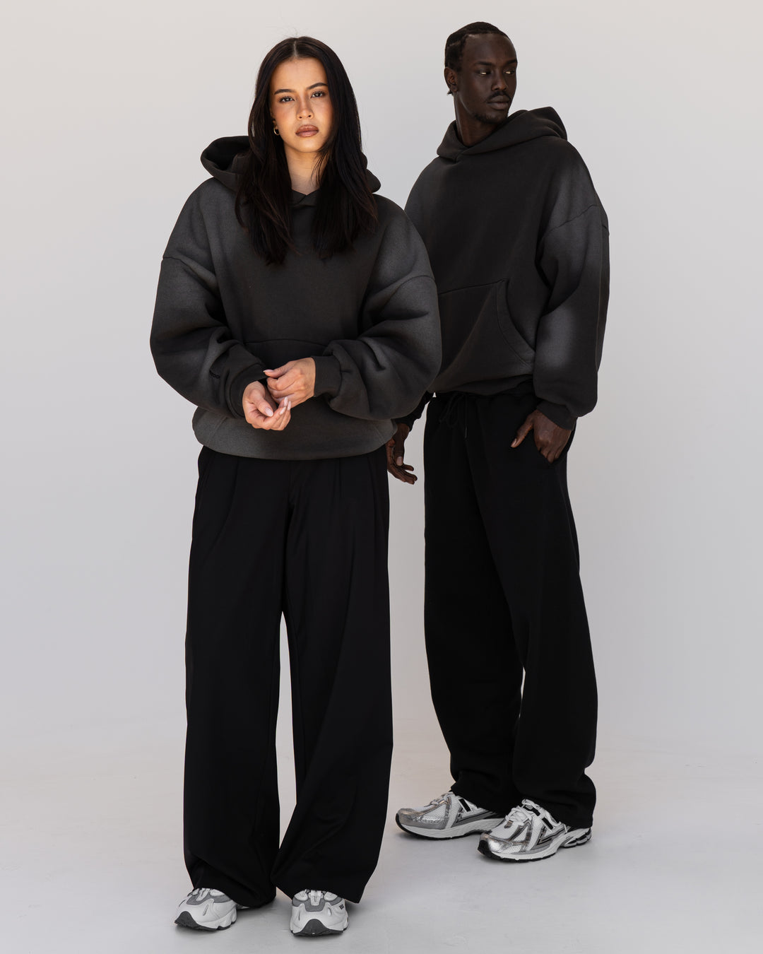 Duo wearing Memory In Motion 500gsm Ultra Heavyweight Washed Hoodie - Charcoal Washed | Model:Both | Size:Duo