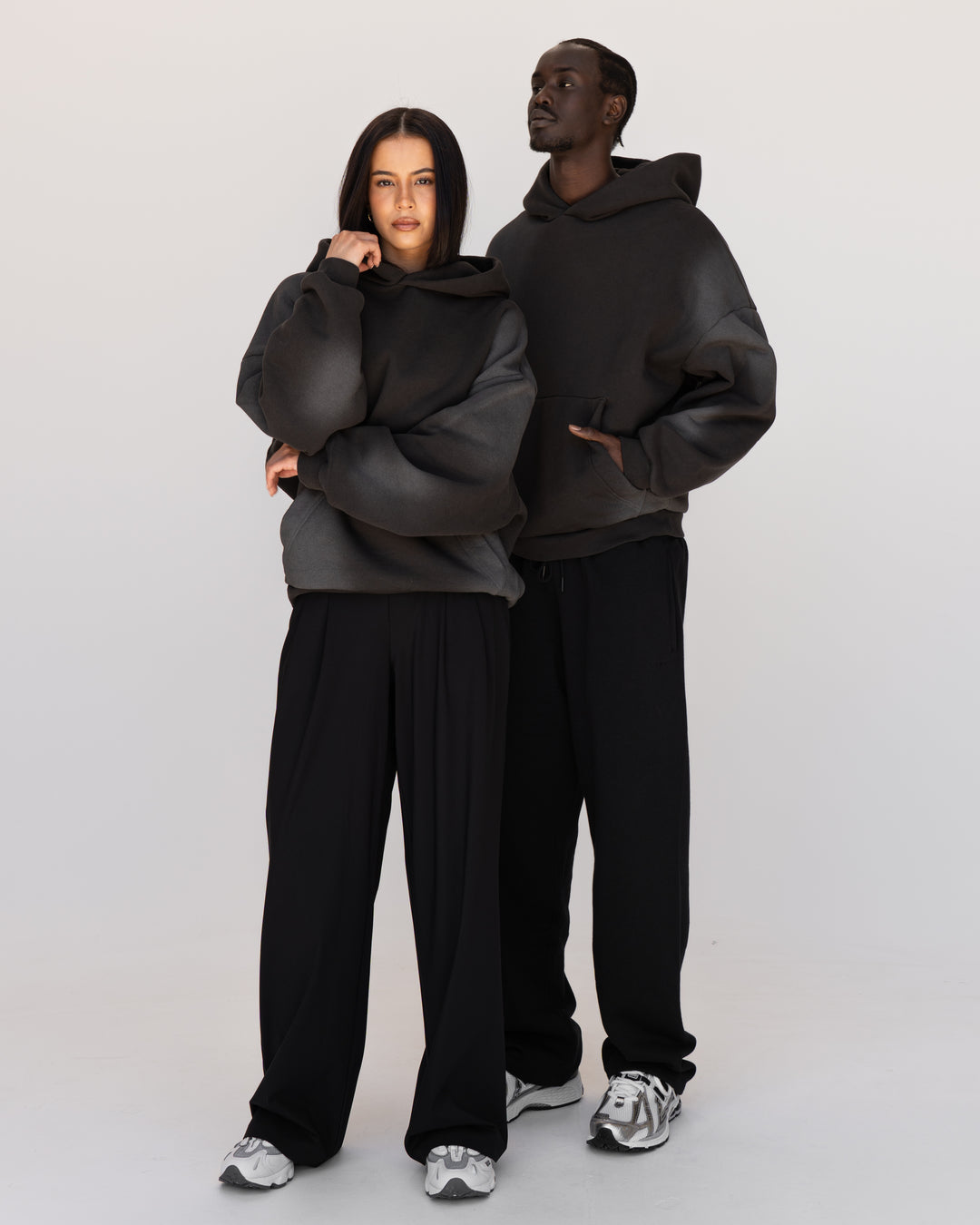 Duo wearing Memory In Motion 500gsm Ultra Heavyweight Washed Hoodie - Charcoal Washed | Model:Both | Size:Duo