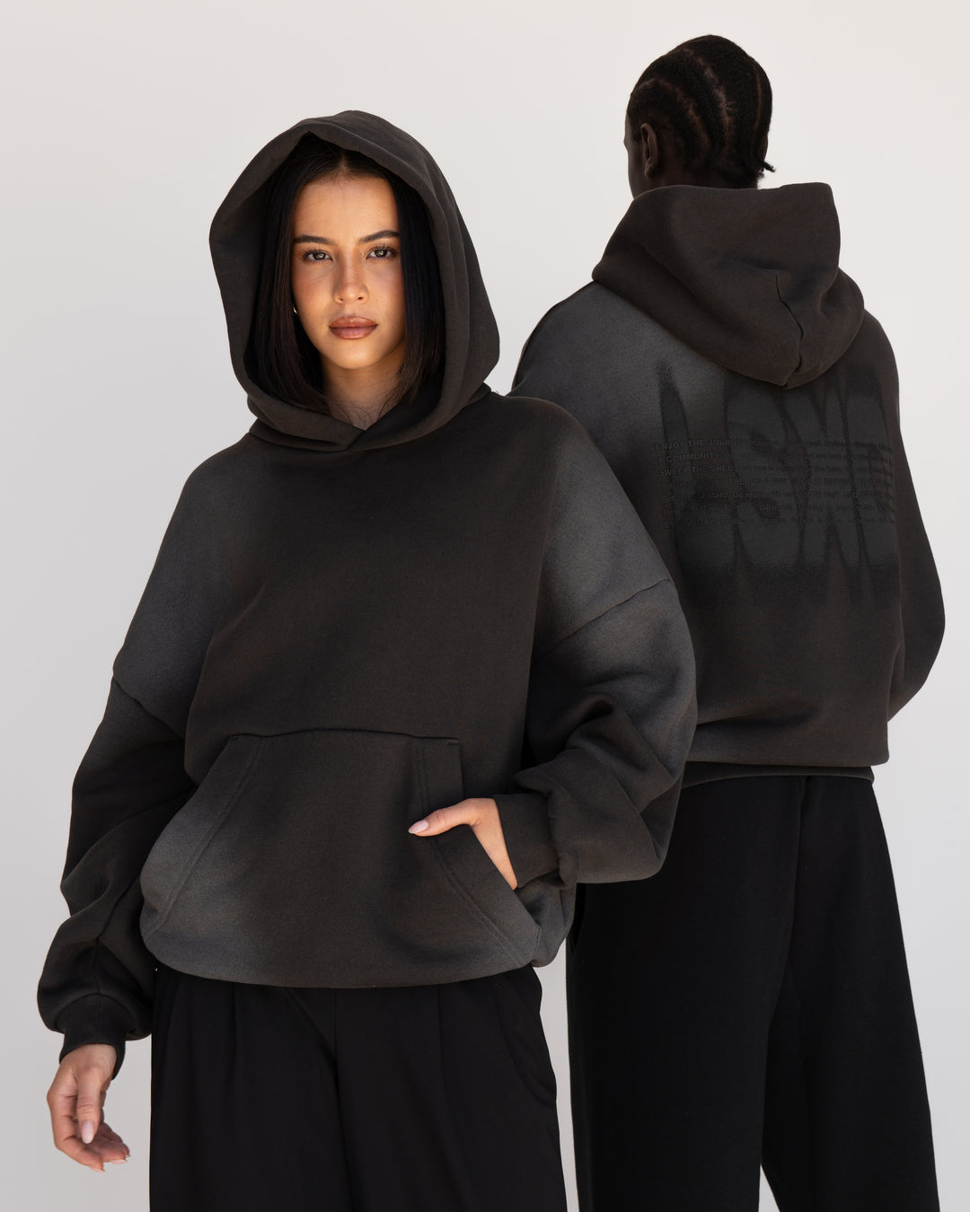 Duo wearing Memory In Motion 500gsm Ultra Heavyweight Washed Hoodie - Charcoal Washed | Model:Both | Size:Duo