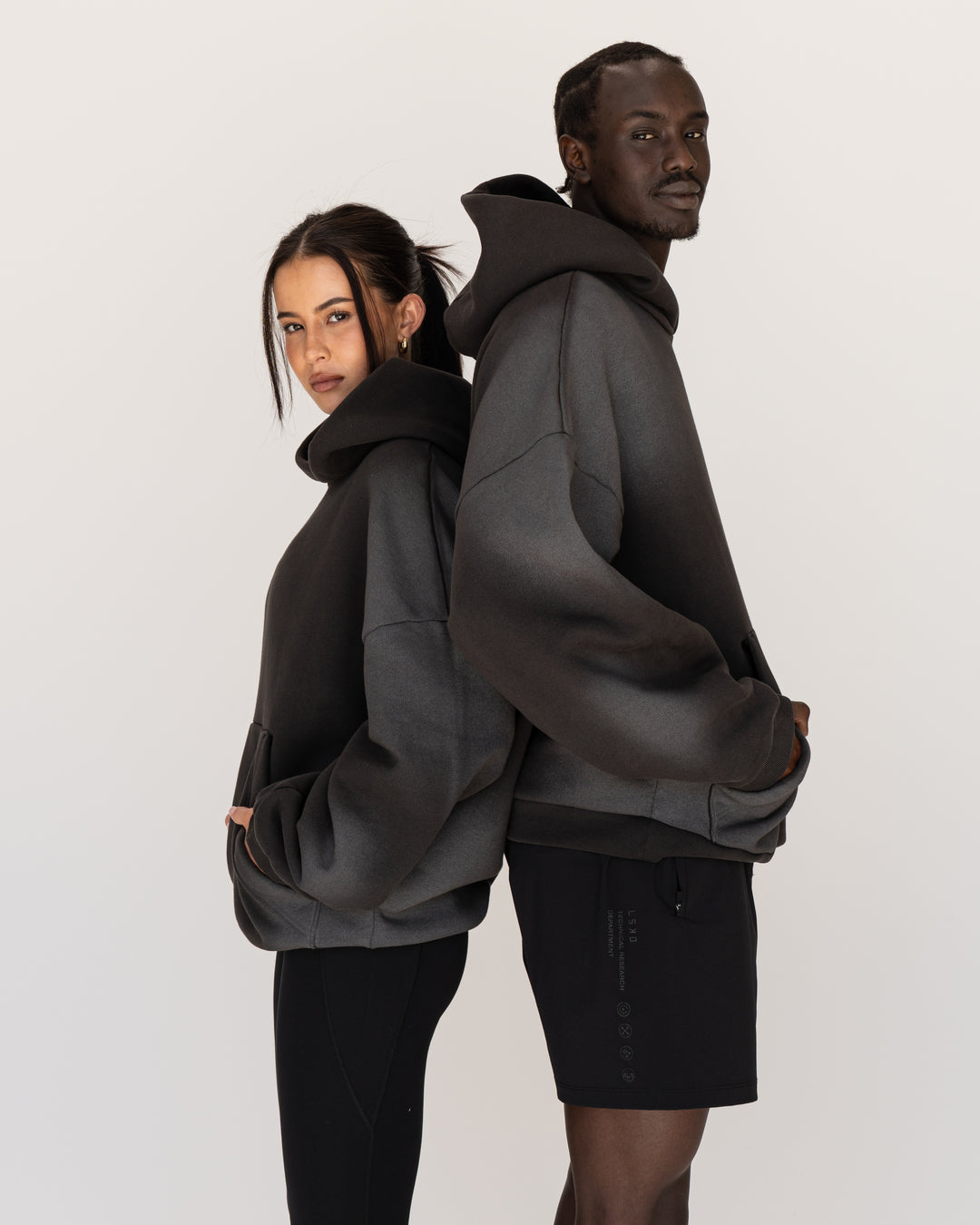 Duo wearing Memory In Motion 500gsm Ultra Heavyweight Washed Hoodie - Charcoal Washed | Model:Both | Size:Duo