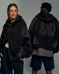 Man wearing Memory in Motion Ultra Heavyweight Zip Thru Hoodie - Black Washed | Model:Both | Size:Duo | Thumbnail Index: 0