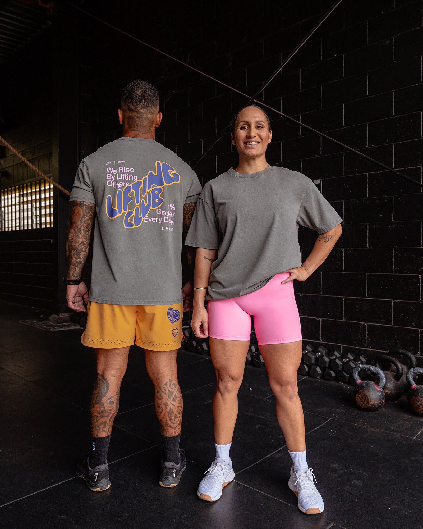 Duo wearing Rise & Lift Washed FLXCotton Oversized Tee - Graphite-Purple Opulence | Model:Both | Sizze:Duo