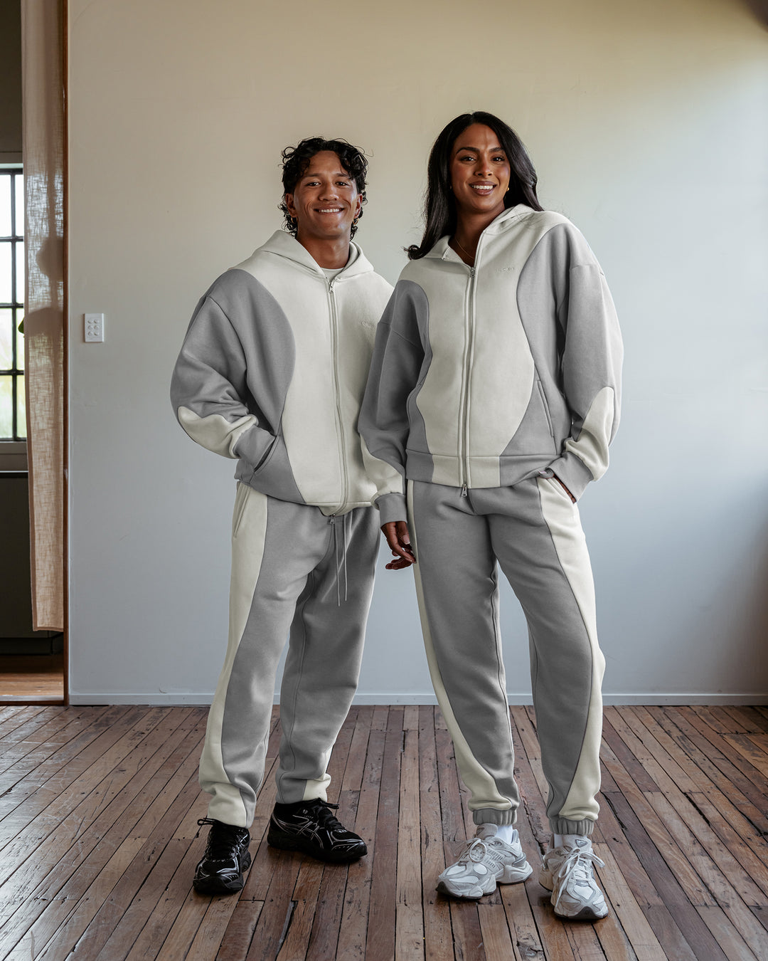 Duo wearing Stream Oversized Panel Zip Hoodie - Circular Grey-Digital Mist | Model:Both | Size:Duo
