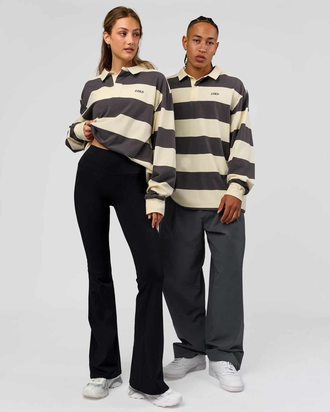 Duo wearing Clubhouse Unisex Rugby Polo - Off White-Grey | Model:Both | Size:Duo