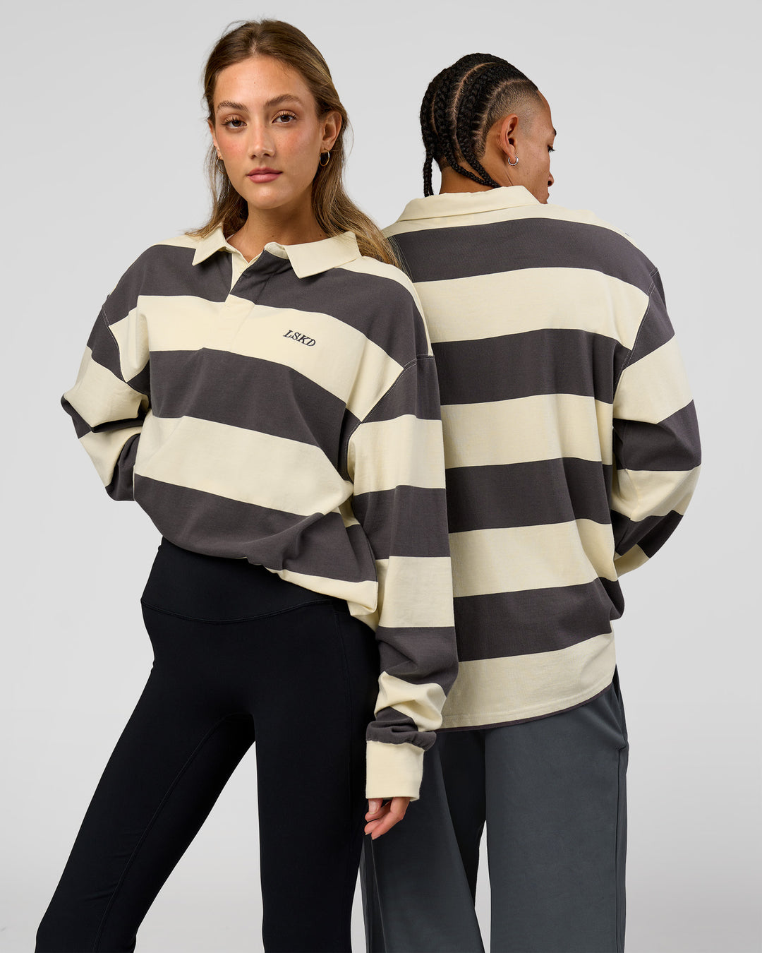 Duo wearing Clubhouse Unisex Rugby Polo - Off White-Grey | Model:Both | Size:Duo