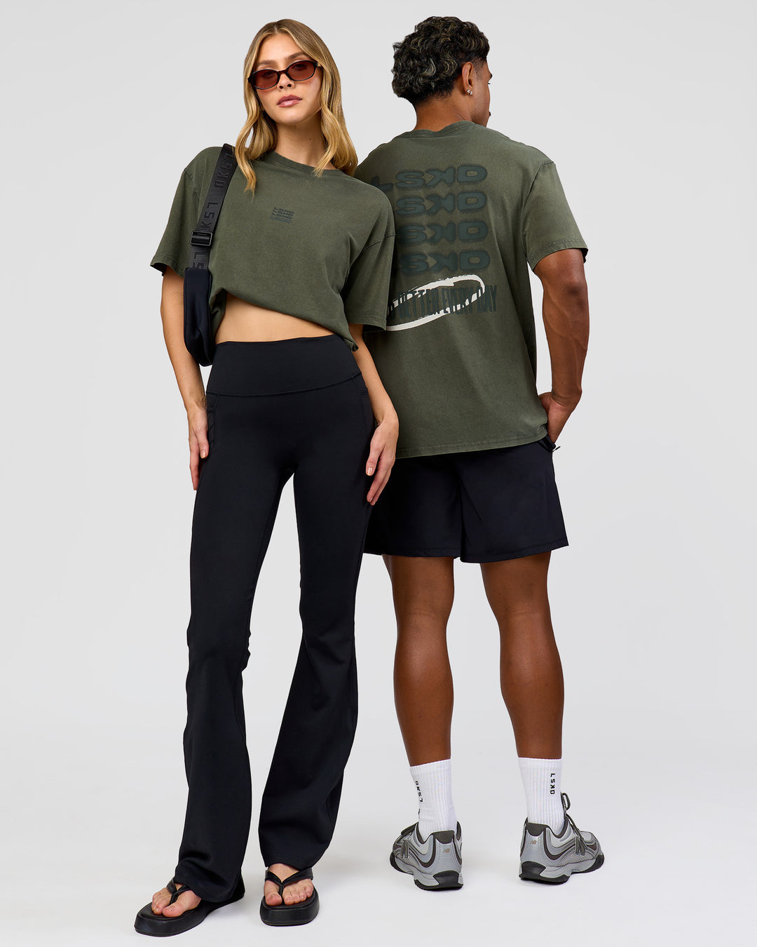 Duo wearing Everyday Elevation FLXCotton Oversized Tee - Carbon Green Washed -White | Model:Leilani | Size:XS | Model:Xav | Size:L