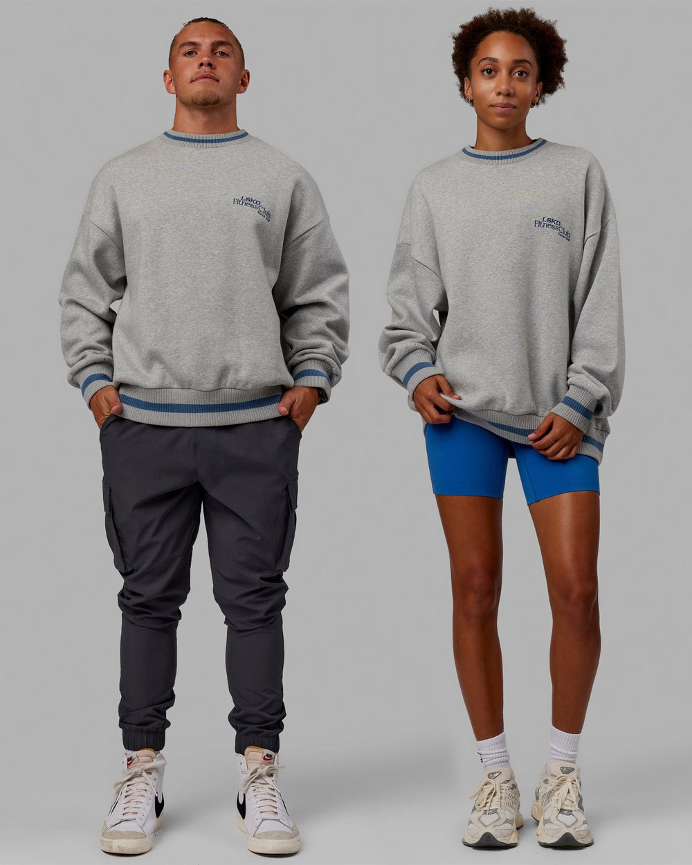 Duo wearing Unisex Fitness Club Sweater Oversize - Lt Grey Marl-Elemental Blue