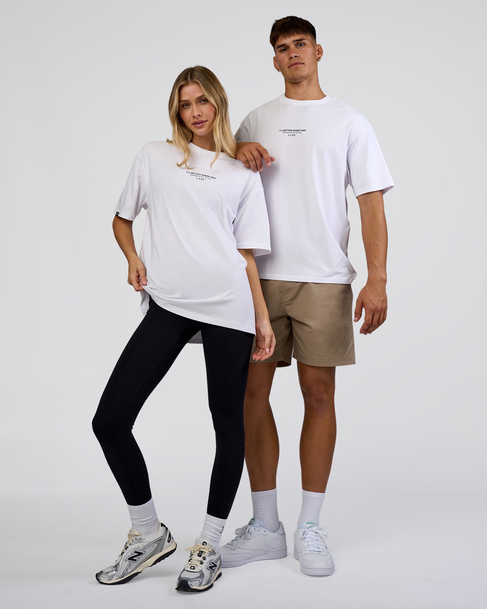 Duo wearing 1% Better Every Day EST FLXCotton Oversized Tee - White | Model:Both | Size:Duo