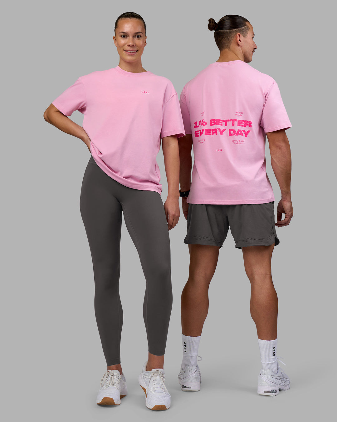 Duo wearing 1% Better Value Series FLXCotton Tee Oversize - Bubblegum-Ultra Pink | Model:Both | Size:Duo