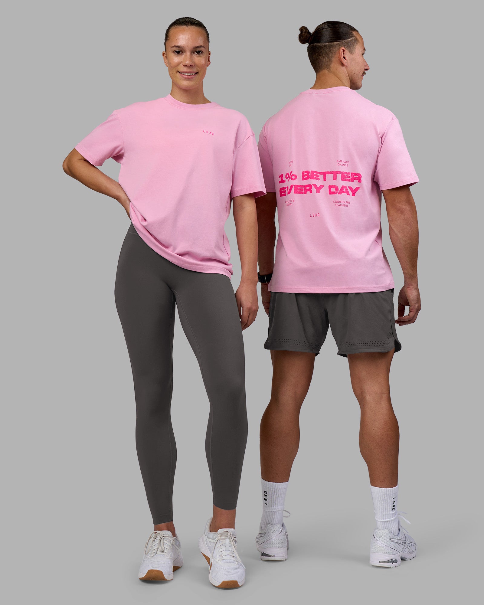 Duo wearing 1% Better Value Series FLXCotton Tee Oversize - Bubblegum-Ultra Pink | Model:Both | Size:Duo