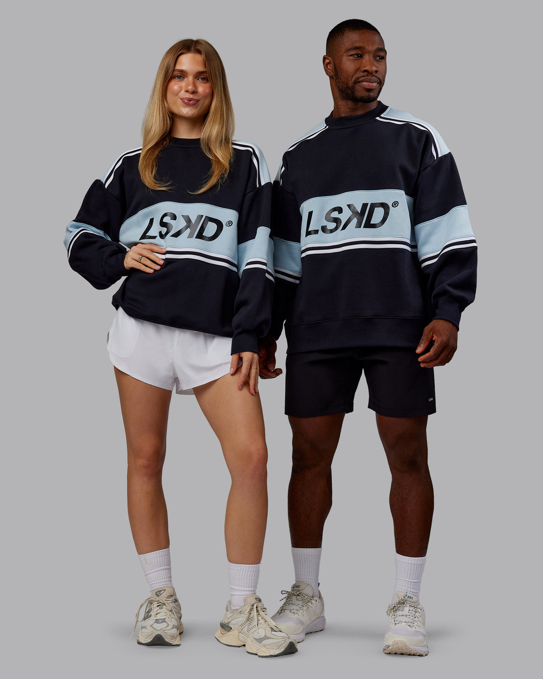 Duo wearing A-Team Sweater Oversize - Caviar-Skyride | Model:Both | Size:Duo